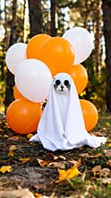 Cute cat dressed as a ghost with orange and white balloons in a forest setting