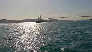 Cargo Ship Passing Through Bosphorus Strait. Bulk Carrier Ship, Bosphorus Strait, Turkey