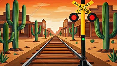Animated Desert Town: Railroad Tracks, Cacti, and Western Buildings at Sunset
