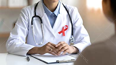 Doctor discusses health with patient wearing red ribbon for AIDS awareness