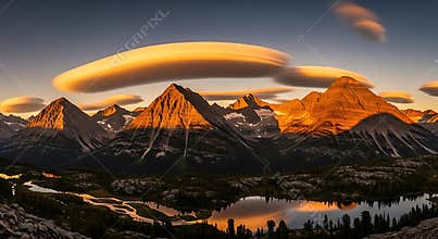 Golden Hour Mountain Peaks Reflecting in Calm Lake with Lenticular Clouds sunset