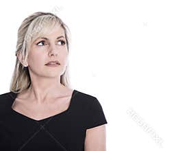 Portrait of isolated mature woman face looking sorrowful and pen