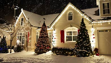 Christmas decorated houses on the street of a small European town.