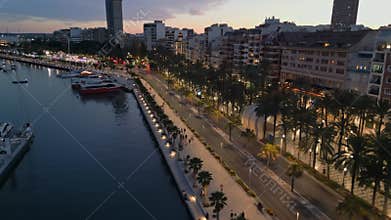 Alicante, Spain - June 20, 2025: Aerial drone view of boats