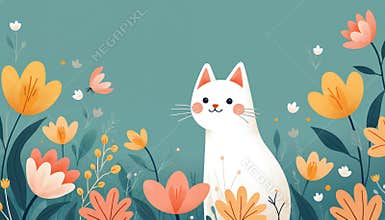 White cartoon cat sits in colorful floral garden. Feline surrounded by yellow and orange flowers. Butterfly flies near cat head.