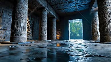 A room with columns and a pool of water in it