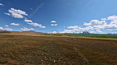 View from the side window of a car. A mountain landscape at speed with snow-capped mountains in the background. Shot with an