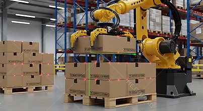 Robotic arm lifts cardboard boxes in a modern warehouse with laser guidance system