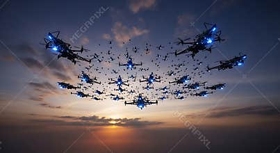 Swarm of drones fly in formation against a sunset sky creating a futuristic scene