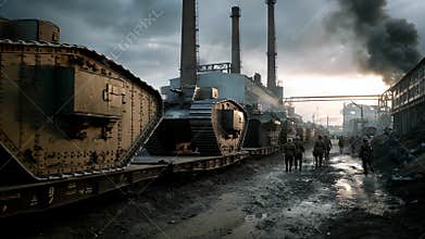 Convoy of armored vehicles amidst factory environment with personnel