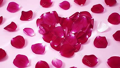 Assorted Bright Pink Rose Petals Freely Scatter Across a Soft Glossy Pink Surface