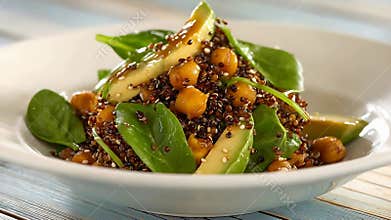 Vibrant and Healthy Vegan Quinoa Salad with Fresh Spinach Avocado and Chickpeas in a Bowl