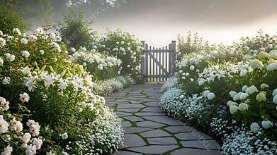 Stone pathway leading through lush white flower garden toward a mysterious wooden gate