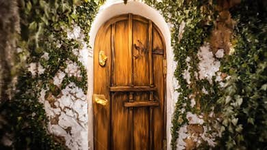 A weathered wooden door, arched and adorned with brass, is nestled within a stone and ivy frame