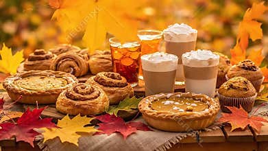 Autumn Food Display with Pumpkin Pie Cinnamon Rolls and Beverages Surrounded by Colorful Maple Leaves on a Wooden Table Against a