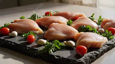 Fresh raw chicken breasts arranged on a slate board with cherry tomatoes and garlic. Ideal for meal preparation and
