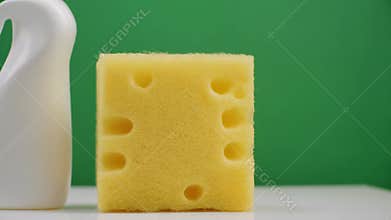 Cleaning Supplies Still Life: Spray Bottle and Bright Yellow Sponge on White Surface