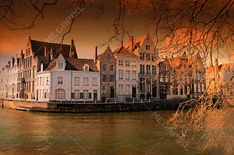 Sunset at a canal in Brugge, Belgium