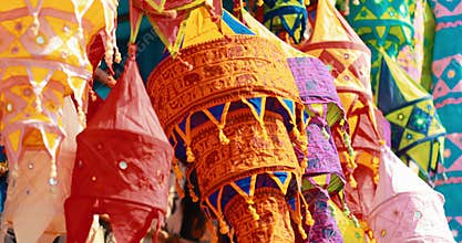 India. Market With Many Traditional Colorful Handmade Indian Fabric Lanterns. Popular Souvenirs From India