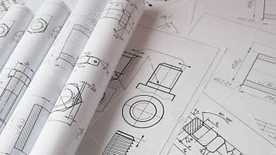 Mechanics engineering drawings of bolts and nuts.