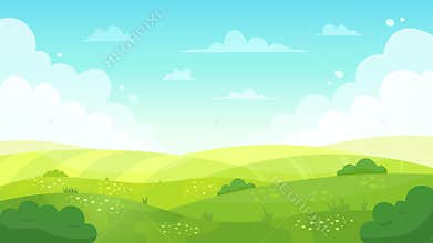 Cartoon meadow landscape. Summer green fields view, spring lawn hill and blue sky, green grass fields landscape vector