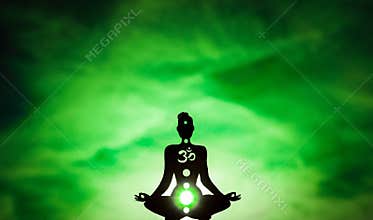 Illustration of a figure showing chakras - The color Green shows the Heart chakra