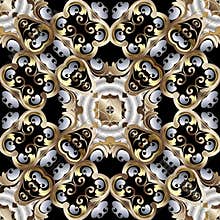 Beautiful 3d Paisley vector floral seamless pattern. Repeat ornamental background with golden leaves, silver Paisley flowers and