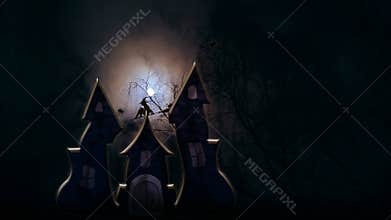 Flying witches on brooms in a nightly scary forest in the light of the full moon.