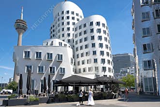 Gehry Buildings and Rhine Tower, Medienhafen, Media Harbor, Media Harbour, Dusseldorf.