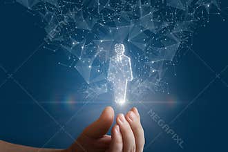 Hand shows a hologram of a human worker