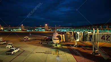 Time lapse ground staff Preparing the aircraft before flight Loading of baggage Food for flight services and equipment before