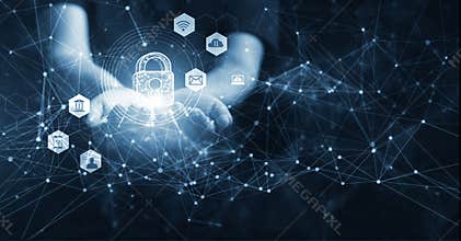 Man holding network security in hands, global. Cyber security and information or data networking protection
