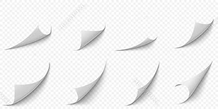 Curled paper corners. Curve page corner, pages edge curl and bent papers sheet with realistic shadow vector illustration