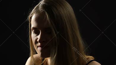 Female shaking from anger and aggression, revenge wish, suffering schizophrenia