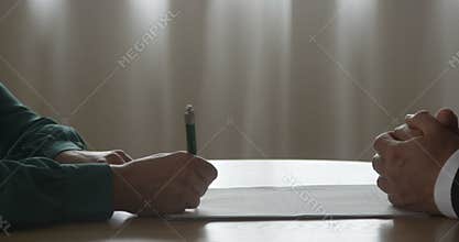 Businessman Signing Sales Business Contract Terms with Businesswoman Partner Shaking Hands Making Successful Deal