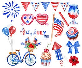 Watercolor 4th of July big hand drawn set with red, white and blue symbols of national USA holiday, isolated on white background
