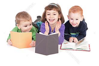Happy children reading kids books
