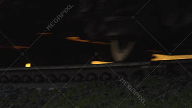 Close up of wheels on railway. Train rides on the railroad. Travel ing across the country. Train crash and catastrophe or