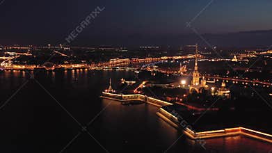 Aerial night view of Peter and Paul Fortress