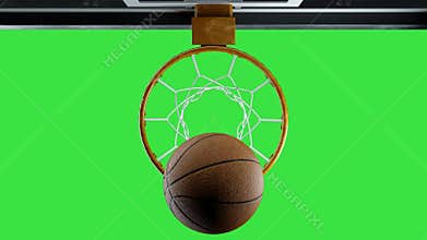 Basketball hit the basket in slow motion on a green background