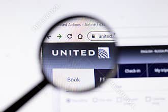 Saint-Petersburg, Russia - 18 February 2020: United Airlines company website page logo on laptop display. Screen with icon,