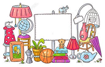 Yard or garage sale of used stuff with a blank frame