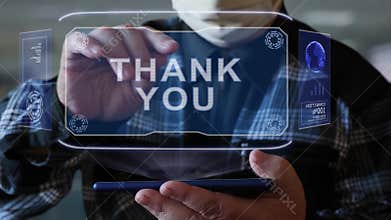 Old man shows hologram with text Thank you