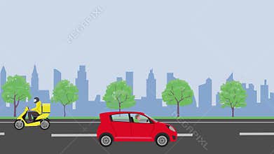 City road seamless animation with delivery car and motobike.