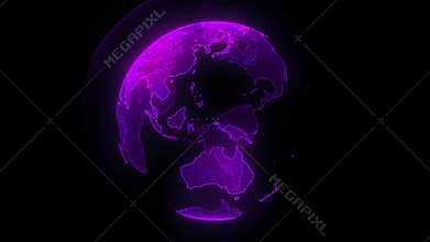 Digital purple planet of Earth. Rotating globe with shining continents. 3D animation with digital Earth and particles.