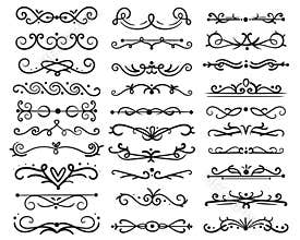 Decorative swirls dividers. Old text delimiter, calligraphic swirl ornaments and vintage divider, retro borders
