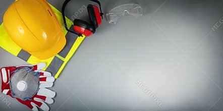 Work safety items of construction industry on gray background with copy space