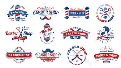 Barbershop badges. Vintage barber label, retro shave salon badge and gentleman haircut old sign vector illustration set