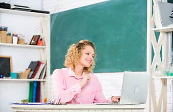 Intelligent girl student. Online community for teachers. Teachers day. Modern school. Woman work online. Distance