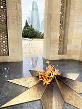 Baku, Azerbaijan, September, 09, 2019. Eternal flame in Shahidler Xiyabani Memorial Park, Martyr`s Lane, dedicated to the fallen i